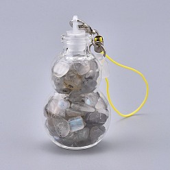 Rainbow Moonstone Transparent Glass Wishing Bottle Pendant Decoration, with Natural Rainbow Moonstone Chips inside, Plastic Plug, Nylon Cord and Iron Findings, Gourd, 111~130mm