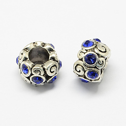 Сапфир Европейские бусины, сплав, стразы , RONDELLE большие шарики отверстия, античное серебро, сапфир, 11x8 мм, отверстие : 6 мм