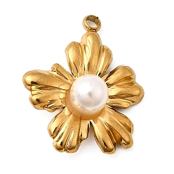 Настоящее золото 18K 304 подвески из нержавеющей стали, цветочный шарм, с абс пластмассовой имитационной жемчужиной, ионное покрытие (ip), реальный 18 k позолоченный, 22x19x7 мм, отверстие : 2 мм