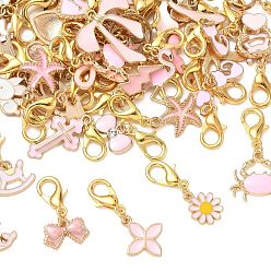 Pink 64 pcs 32 styles breloques de chaussures en alliage émaillé, avec fermoir pince de homard, formes mixtes, or, rose, 27~44mm, 2 pcs / style