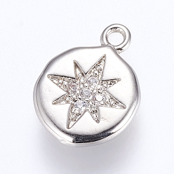 Платина Латунь прелести, с кубического циркония, плоские круглые со звездой, платина, 13x9.5x2 мм, отверстие : 1 мм