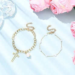 Cross 2 шт. 2 стили 316 браслеты из хирургической нержавеющей стали с пластиковыми бусинами и имитацией жемчуга и 304 набор браслетов с подвесками из нержавеющей стали для женщин, крестик, 6-3/4~7-1/8 дюйм (17.3~18.1 см), 1 шт / стиль