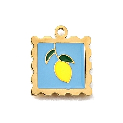 Лимон 304 подвески из нержавеющей стали, с эмалью, квадрат с фруктами, золотые, лимон, 20x16.5x1.5 мм, отверстие : 2 мм