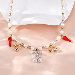 Вишня Ожерелья из латунных бусин с микропаве из прозрачного кубического циркония, с абс имитацией жемчужных бусин и эмали, без кадмия и без свинца, долговечный, стойки покрытие, вишня, 16.77 дюйм (42.6 см)