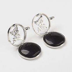 (946F)Морозный цвет внутри  Жонкиль / Непрозрачная зеленая подкладка Подвески из натурального окрашенного и нагретого черного агата, С выводами медальона из медных рассеивателей, плоские круглые с бабочкой, 31x26x8 мм, отверстие : 4 мм