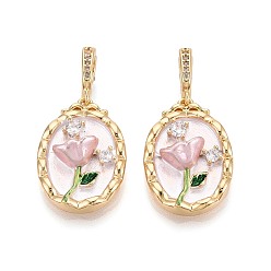Pink Застежки-защелки из латуни, окрашенной распылением, с прозрачными кубическими цирконами, овальные с цветком, розовые, 33x23x16 мм, отверстие : 4 мм