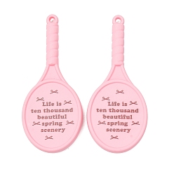 Pink Opaque Printed Acrylic Big Pendants, Tennis Racket with Word Charms, Pink, 74.5x32.5x7mm, Hole: 2.5mm