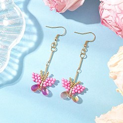 Ярко-Розовый Серьги-подвески в виде бабочки из стеклянного бисера ручной работы, золотые, ярко-розовый, 67x22~24.5 мм