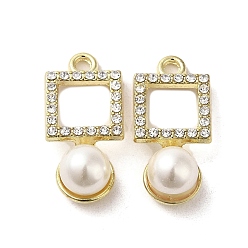 Golden Alloy with Rhinestone Pendants, with ABS Imitation Pearl, Square Charms, Golden, 25x12x9mm, Hole: 2mm