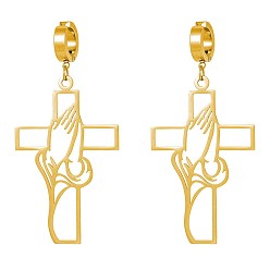 Золотой 201 из нержавеющей стали клипсы, полый крест с узором руки, золотые, 55x25 мм