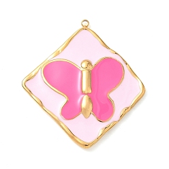 Бледно-Розовый 304 подвески из нержавеющей стали, с эмалью, ионное покрытие (ip), ромб с подвеской-бабочкой, реальный 18 k позолоченный, розовый жемчуг, 38x35x3.5 мм, отверстие : 1.5 мм