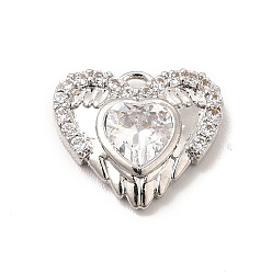 Clear Rack Plating Brass Micro Pave Cubic Zirconia Charms, Cadmium Free & Lead Free, Long-Lasting Plated, Heart with Wing Charm, Platinum, Clear, 11x13x2.5mm, Hole: 1mm