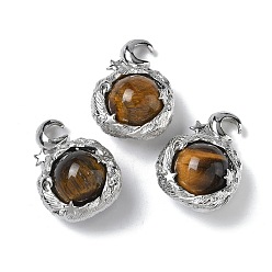 Тигровый глаз Природных тигровый глаз подвески, Луна прелести, с стеллаж металлизированный платины тон выводов латуни, 28.5x21x14 мм, отверстие : 4 мм