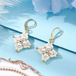 Белый Стеклянные бусины ромбовидные серьги-русалки, с ракушечным жемчугом и 304 фурнитурой для сережек-русалок из нержавеющей стали, белые, 42x25 мм