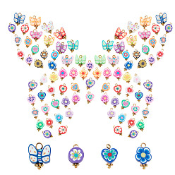 Mixed Color 80Pcs 4 Style  Polymer Clay Charms, with Brass Findings, Mixed Shape, Golden, Mixed Color, 14x9x5mm, Hole: 2mm