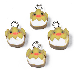Dark Khaki Handmade Polymer Clay Charms, with Platinum Tone Iron Loop, Chick, Dark Khaki, 12.5~13.5x9~10x4.5mm, Hole: 2mm