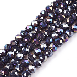 Фиолетовый Стеклянные бусины с гальваническим покрытием , непрозрачный сплошной цвет, с покрытием AB цвета, граненые, рондель, фиолетовые, 4x3 мм, отверстие : 0.4 мм, около 105~110 шт / нитка, 38~39 см