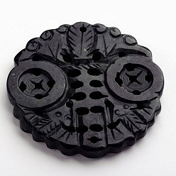 Black Carved Flat Round Natural Jade Big Pendants, Dyed, Black, 50~57x50~57x6~8mm, Hole: 2mm