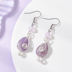 Нержавеющая Сталь Цвет Серьги-подвески с натуральным аметистом, с натуральным и окрашенным малайзийским нефритом, с 304 нержавеющей сталью и круглой медной ювелирной проволокой, цвет нержавеющей стали, 60x13 мм