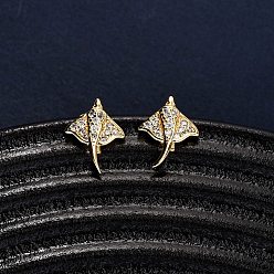 Fish Серьги-гвоздики из латунного микро-паве, реальный 18 k позолоченный, рыба, 11.50x9 мм