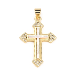 Настоящее золото 18K Латунные микро проложить кубического циркония подвески, крестик, с естественной оболочке, стойки покрытие, долговечный, без свинца и без кадмия, реальный 18 k позолоченный, 29.5x20x2.5 мм, отверстие : 4x3.5 мм
