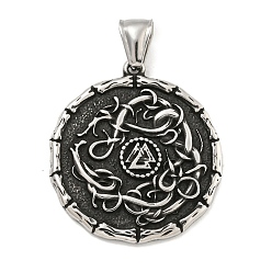 Античное Серебро 316 хирургические подвески из нержавеющей стали, плоская круглая с шармом из валькнута, античное серебро, 36x32x3 мм, отверстие : 4x9 мм
