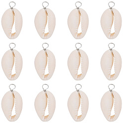 Платинированный 30шт. подвески из натуральной ракушки каури, подвески в виде ракушек с петлями из экологически чистой медной проволоки, Реальная платина, 27~30x14~15x7~7.5 мм, отверстие : 4 мм