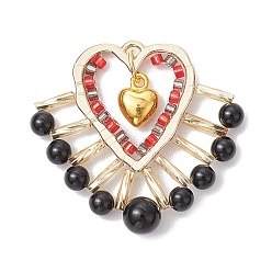 Black Onyx Подвески из натурального черного оникса (окрашенного и нагретого) и стеклянных бусин, литые сердце прелести, золотой свет, 33x35x6.5 мм, отверстие : 1.2 мм