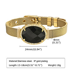 Oval Glass Link Bracelet, with Golden Stainless Steel Mesh Chains, Oval, 5-1/8~7-1/8 inch(13~18cm)