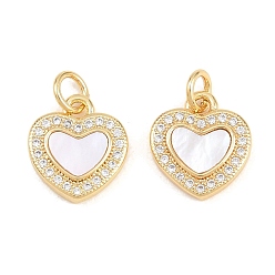 Real 18K Gold Plated Valentine's Day Brass Micro Pave Clear Cubic Zirconia Pendants, with Natural Freshwater Shell, Heart Charms, Real 18K Gold Plated, 13x11.5x3mm, Hole: 3mm