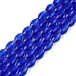Blue Transparent Glass Beads Strands, Rice, Faceted, Blue, 8~9x5~6mm, Hole: 0.9~1mm, about 67~68pcs/strand, 22.83~23.62 inch(58~60cm)