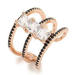 Розовое Золото Квадратная стойка с покрытием из латуни с микро-паве и кубическим цирконием, широкие открытые кольца-манжеты для женщин, без кадмия и без свинца, долговечный, розовое золото , 18.5 мм, регулируемый