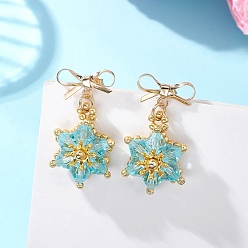 Небесно-голубой Латунные качают серьги, со стеклянными бусинами, звезда, золотые, голубой, 30.5x17.5 мм