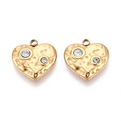 Настоящее золото 18K 304 подвески в форме сердца из нержавеющей стали с кристаллами и стразами, ионное покрытие (ip), реальный 18 k позолоченный, 13.5x13x3 мм, отверстие : 1.6 мм