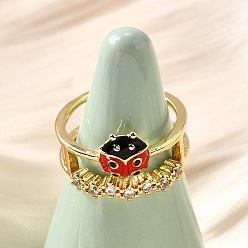 Настоящее золото 16K Латунные эмалевые микропаве прозрачные кубические цирконии открытые манжеты кольца для женщин, без кадмия и без свинца, божья коровка, реальный 16 k позолоченный, регулируемый; 12мм