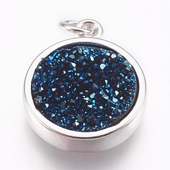 Marine Blue Brass Charms, with Druzy Resin Cabochon, Flat Round, Platinum, Marine Blue, 14x11.5x3mm, Hole: 2mm
