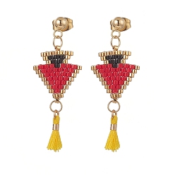 Roja Aretes colgantes con triángulo trenzado de semilla de vidrio y borla de algodón, oro 304 joyas de acero inoxidable para mujer., rojo, 41 mm, pin: 0.8 mm
