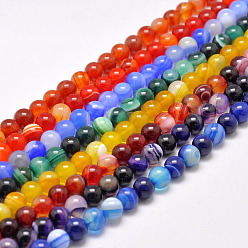 Mixed Color Natural Striped Agate/Banded Agate Bead Strands, Dyed & Heated Color, Round, Grade A, Mixed Color, 12mm, Hole: 1mm, about 32pcs/strand, 15.1 inch(385mm)