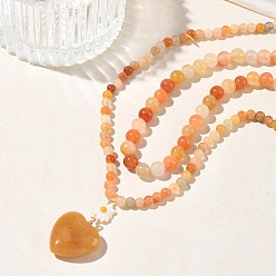 Doré  Colliers à double rang de perles rondes en soie dorée naturelle, ornés d'un pendentif en forme de cœur et de fleur en jade, avec fermoirs en laiton., plaqué longue durée, or, 17.72 pouce (45 cm)