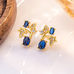 Oro Pendientes de botón con forma de hoja de latón con micro pavé de circonitas cúbicas, dorado, 10.4x8.8 mm