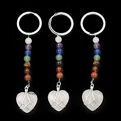 Quartz Crystal Natural Quartz Crystal Heart Keychain, with Chakra Gemstone Bead and Platinum Tone Rack Plating Brass Findings, 10.5cm