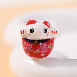 Red Handmade Cartoon Porcelain Beads, Cat Shape, Red, 17mm