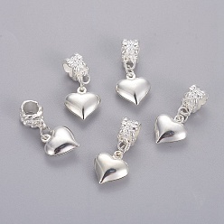 Silver Alloy European Dangle Charms, Large Hole Heart Beads, Silver Color Plated, 25.5mm, Hole: 5mm