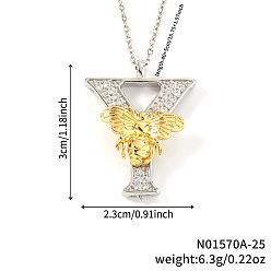 Letter Y Подвеска в виде пчелы с микропаве из прозрачного кубического циркония в виде микрофибры, латунная, с инициалами., платиной и золотом, Письмо Y, 15.75 дюйм (40 см), Кулон : 30x23 мм