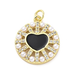 Черный Подвески из латуни с микропаве из кубических цирконий, эмали и искусственного жемчуга ABS, без кадмия и без свинца, круглый с сердечками, реальный 16 k позолоченный, чёрные, 23.5x19x3.5 мм, отверстие : 3.2 мм