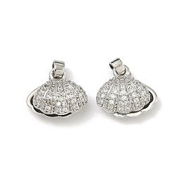 Платина Латунные микропаве прозрачные подвески с фианитом, подвески в форме ракушек, долговечный, стойки покрытие, платина, 13x13x6 мм, отверстие : 4x3 мм