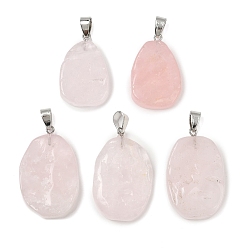 Розовый Кварц Природного розового кварца подвески, овальные подвески с железными застежками-кнопками, платина, 29~35.5x19~23.5x5.5~6.5 мм, отверстие : 7.5x4.5 мм