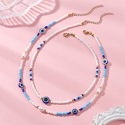 Golden 2Pcs 2 Styles Natural Pearl & Blue Resin Evil Eye & Glass Seed Beaded Necklaces for Women, Golden, 14.53 inch(36.9cm) and 16.22 inch(41.2cm), 1pc/style