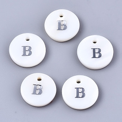 Letter B Natural Freshwater Shell Pendants, with Platinum Plated Iron Etched Metal Embellishments, Flat Round with Initial Letter, White, Letter.B, 11x2mm, Hole: 1.5mm
