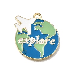 Green Alloy with Enamel Pendants, Globe with Airplane Charms, Light Gold, Green, 24x22.5x1mm, Hole: 2mm